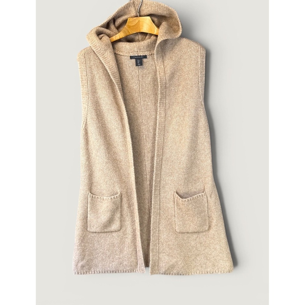 Tahari Hooded Cardigan Vest Womens L Tan Preppy Open‎ Front Wool Blend Pockets